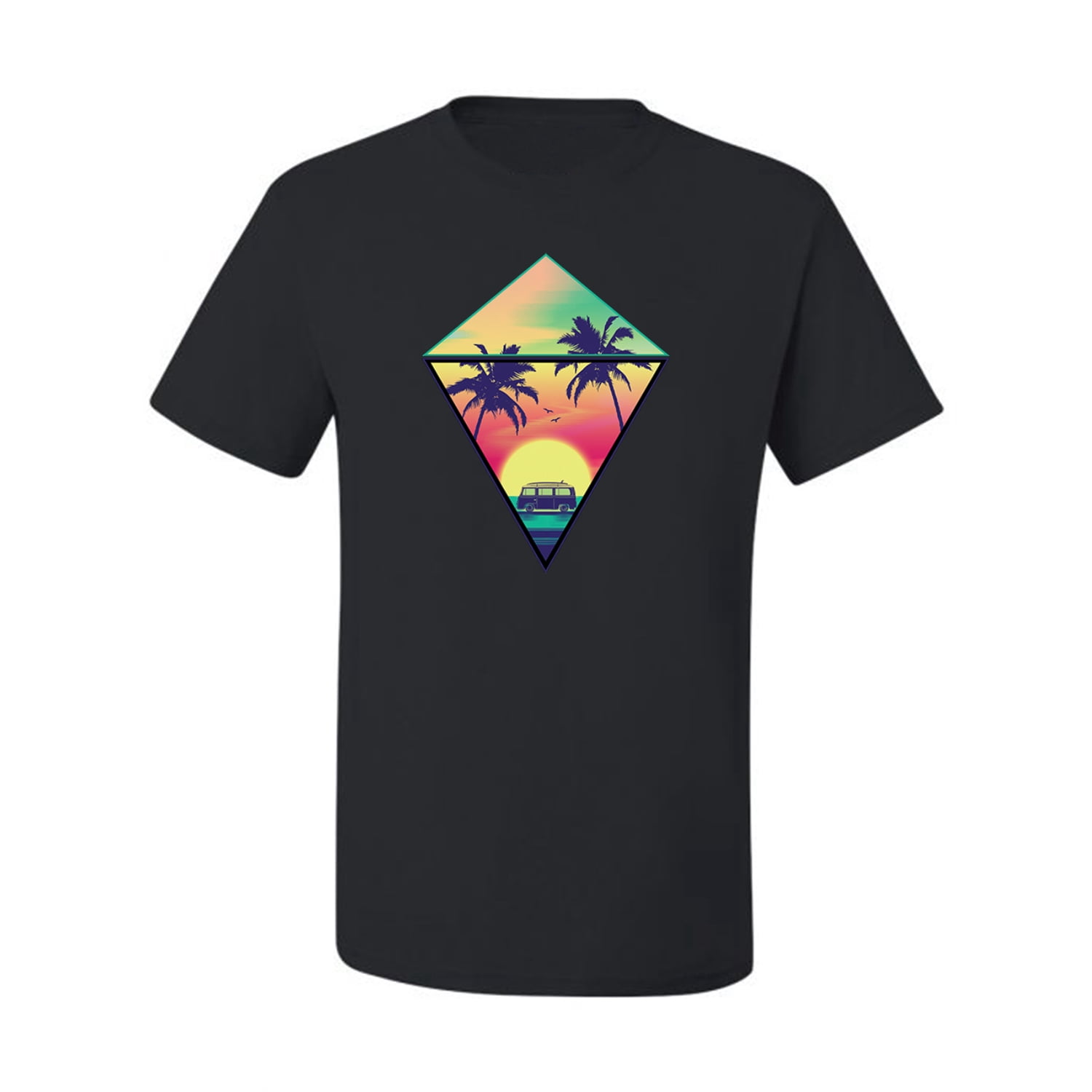Wild Bobby, Surfing Van at the Beach Sunset Paradise, Streetwear, Men Graphic Tees, Black, X-Large