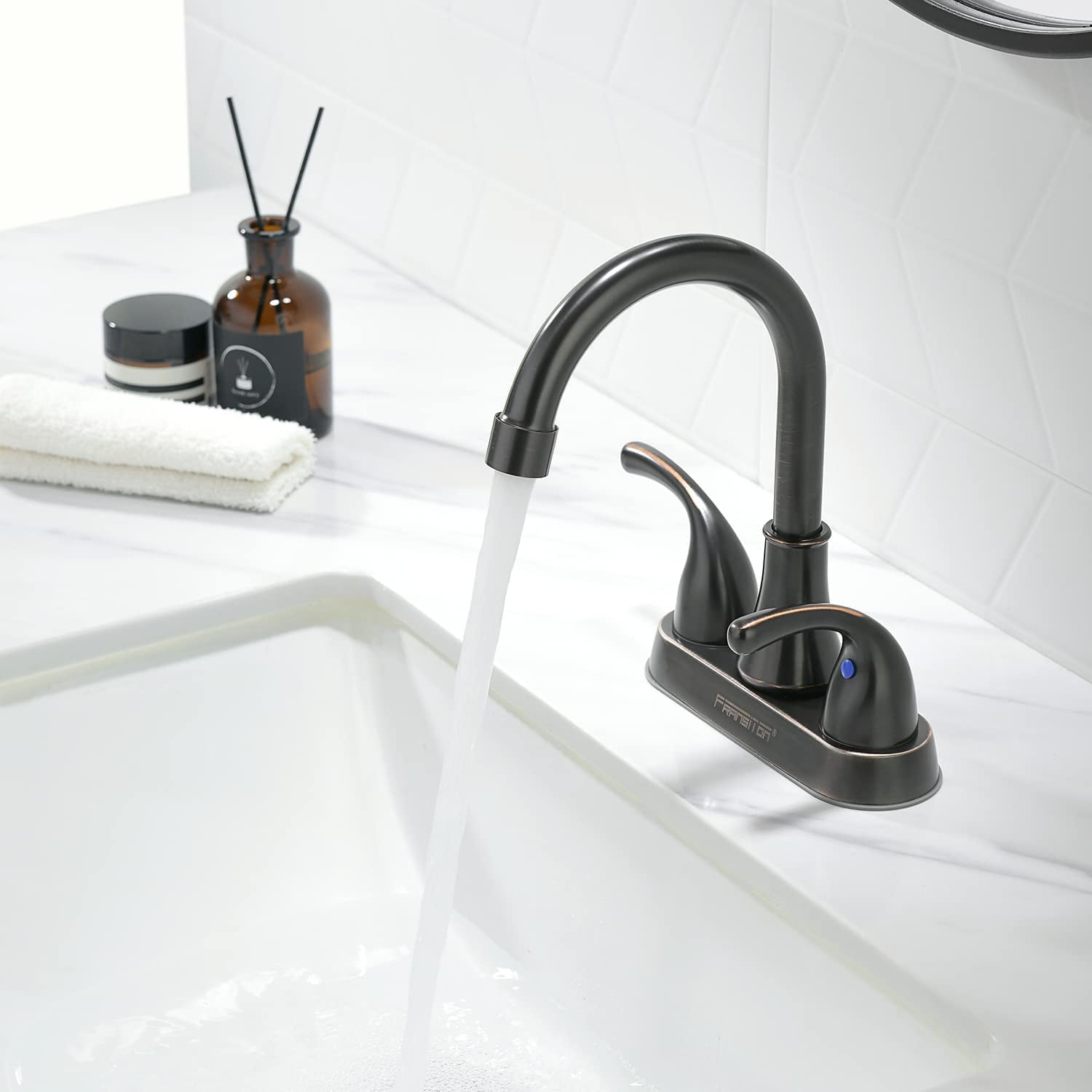 Kede 4 Inch Faucet 2 Handle Bathroom Sink Faucet Lead-Free Oil Rubbed Bronze Bath Sink Faucet with Pop-up Drain Stopper and Supply Hoses