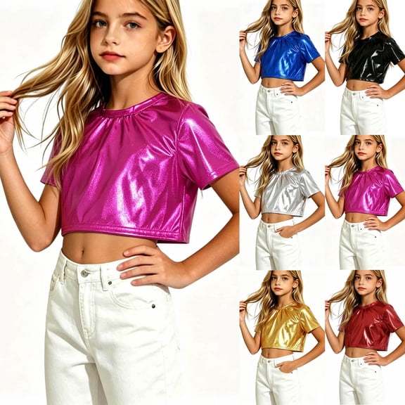 SROBPTY Teens Boys Girls T Shirt Solid Short Sleeve Crew Neck Shiny Performance Top for 2-15 Years