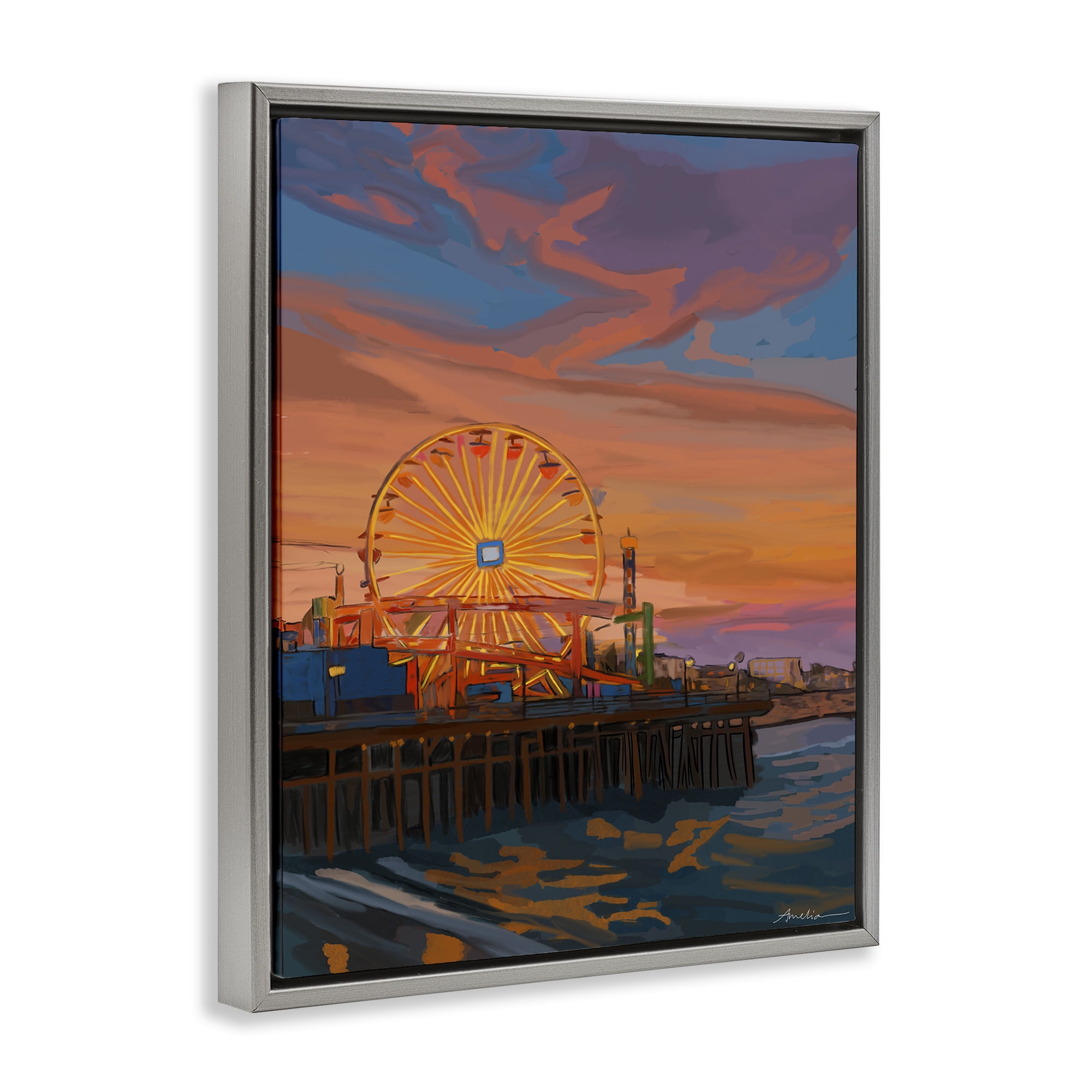 Stupell Industries Santa Monica Pier Sunset Gray Framed Floater Canvas Wall Art, design by Amelia Noyes