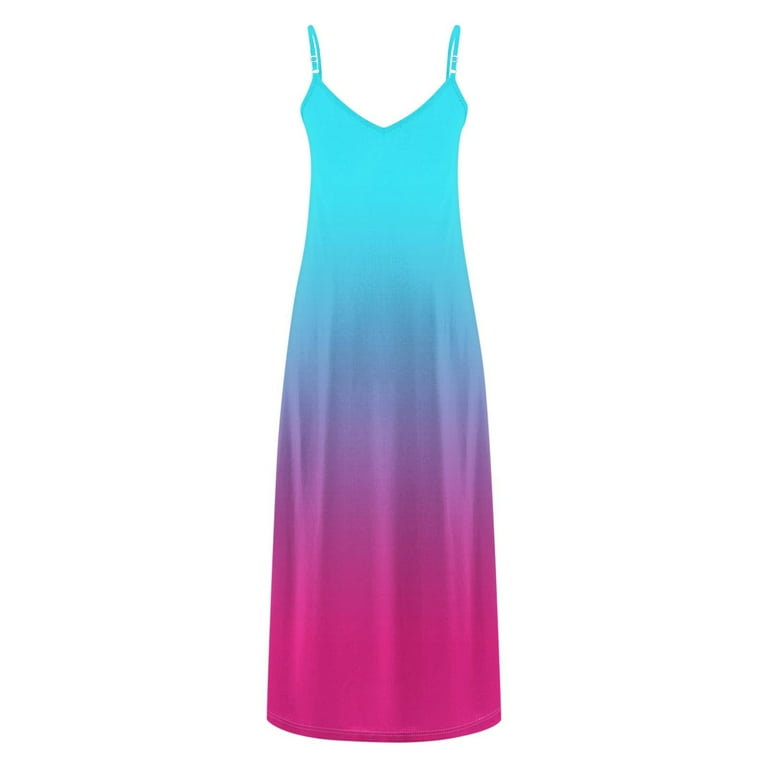Blczomt Spring Dresses for Women 2025 Maxi Casual Summer A Line Pink Gradient Spaghetti Strap V Neck Dress
