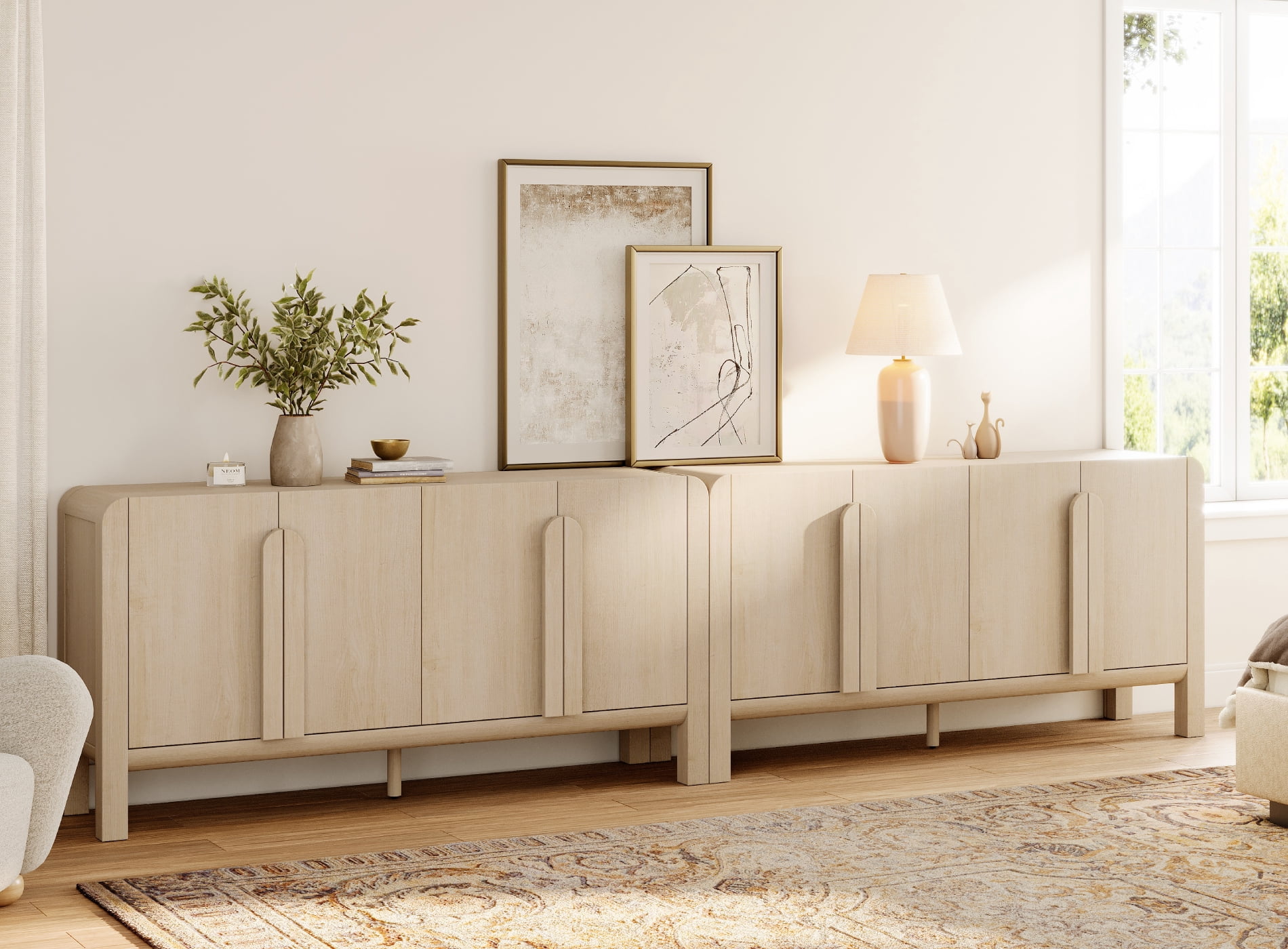 126" Accent Cabinet with 8 Doors and Adjustable Shelves, Modern Credenza Storage Cabinet with Curved Profile Design for Living Room, Kitchen, Dining Room, Hallway