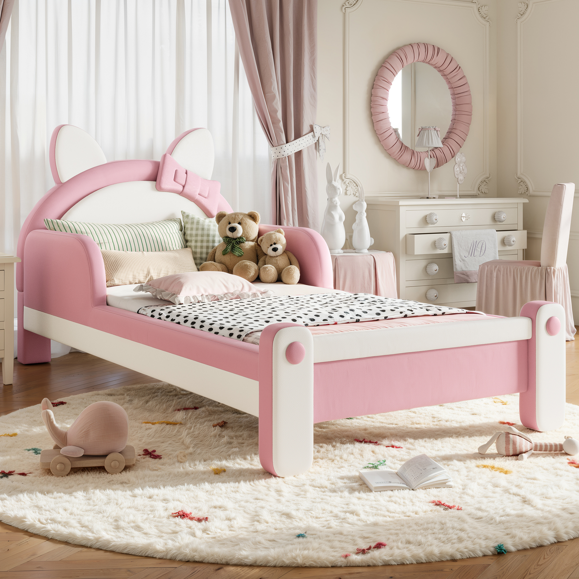 HOQBN Twin Size Cute Cat Shaped Upholstered Kids Platform Bed, Princess Style Low Profile Children Bed Frame for Bedroom White & Pink