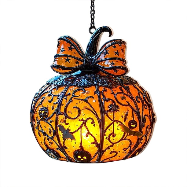 Atrapaluz de ventana con forma de calabaza de Halloween CLLC – Adorno colgante de vitral con calabaza naranja brillante y lazo, arte de pared de temporada otoñal, decoración espeluznante para el hoga