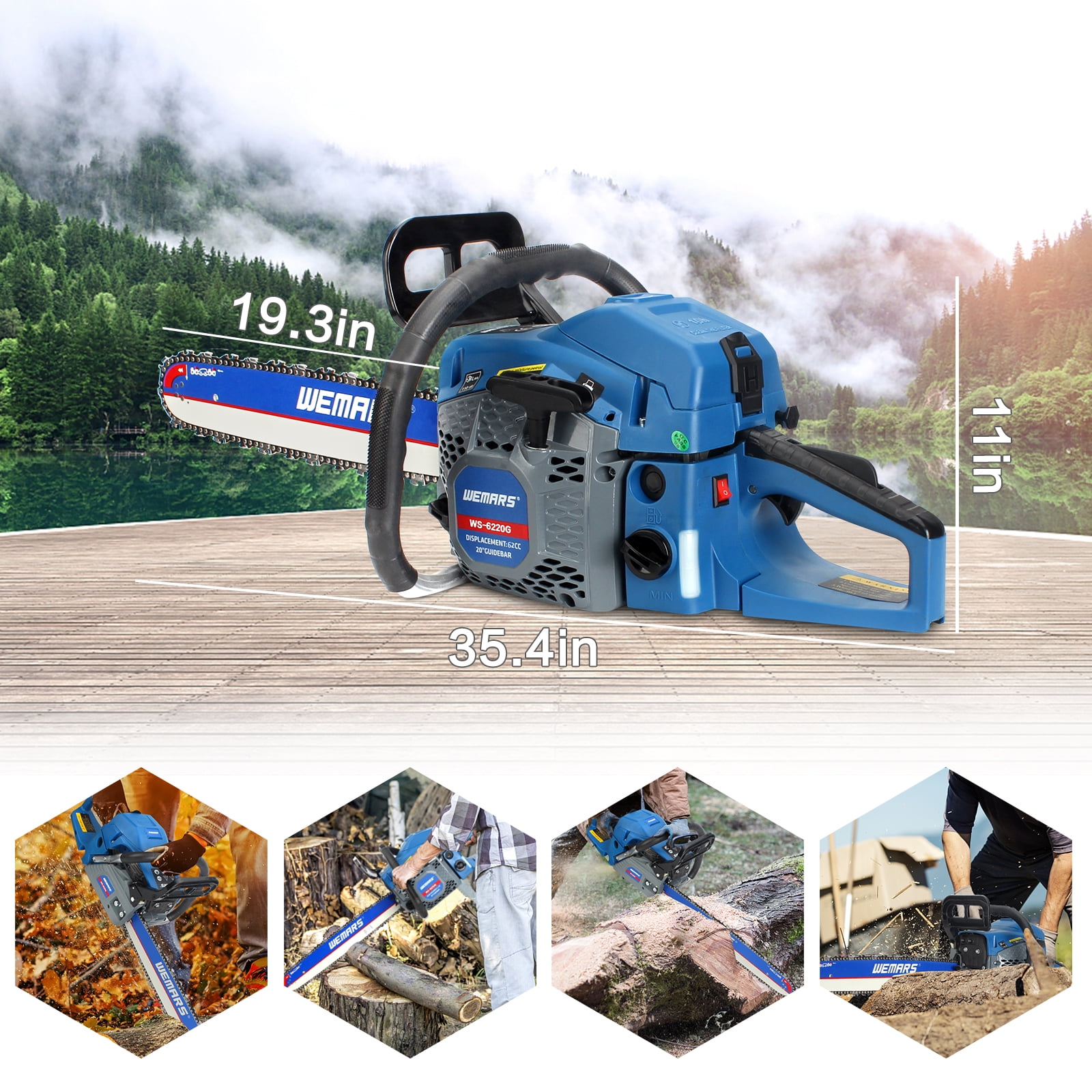 WEMARS 20" 62cc 2-Cycle Gas Powered Handheld Chainsaw
