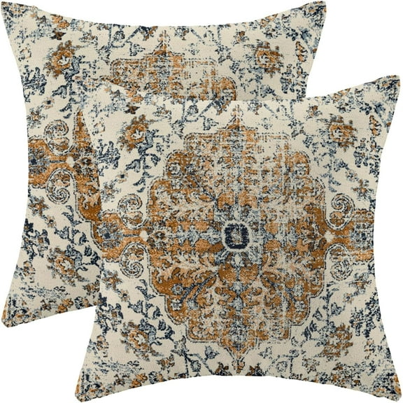 Boho Pillow Covers 18x18 Set of 2, Blue Gold Carpet Pattern Decorative Throw Pillows Linen Ethnic Design Farmhouse Cushion Pillow Covers for Sofa Couch Outdoor Decor