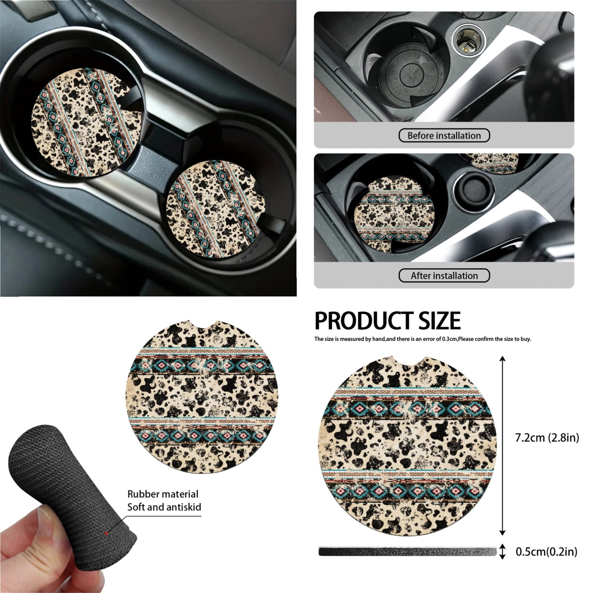 Yuyamidu Aztec Ethnic Car Seat Cover Set of 15 Cow Print Steering Wheel Cover Seat Belt Strap Pads Cup Coasters Trash Bag Air Vent Storage Bag Rearview Mirror Cover Keychain Auto Accessories
