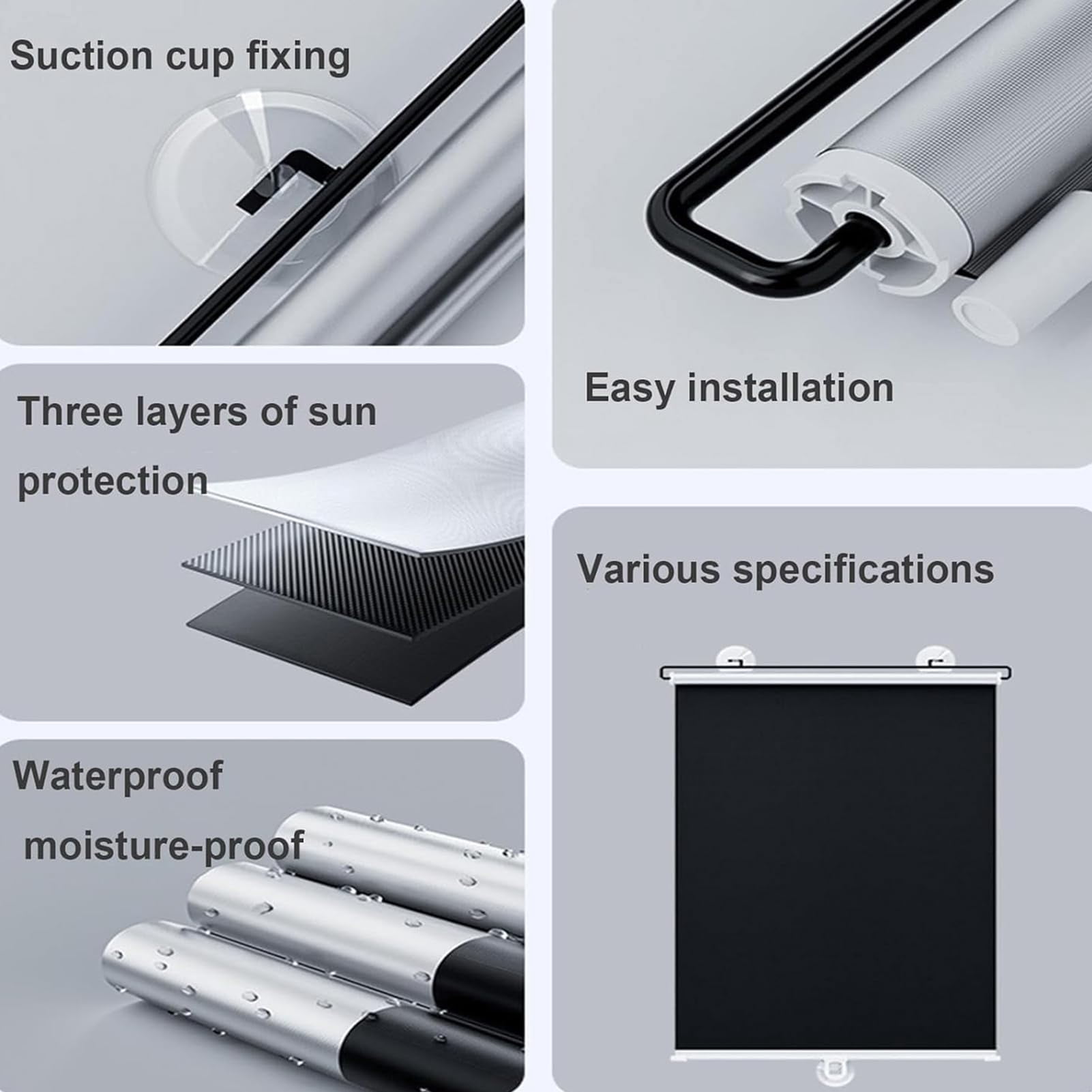 Suction Cup Roller Blinds for Windows, Black  Retractable Blackout Roller Blinds, No Drilling Sunshade Curtains