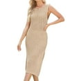 thumbnail image 3 of Women'S 2025 Sleeveless Knitted Dress Crew Neck Side Slit Bodycon Knit Slim Fit Midi Dress Khaki XL, 3 of 9