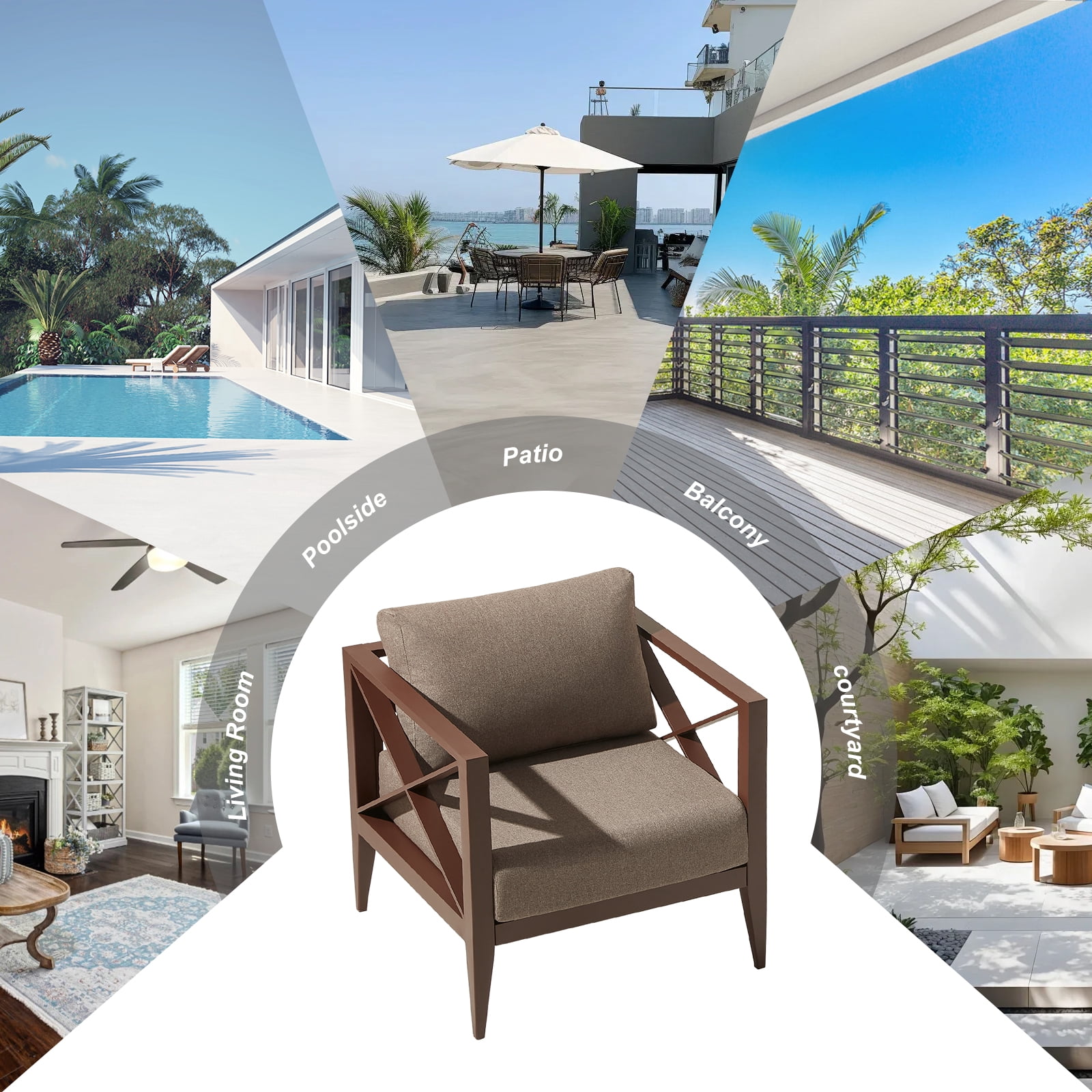 2-Seat Aluminum Patio Conversation Set with Coffee Table, All-Weather Outdoor Furniture, Brown