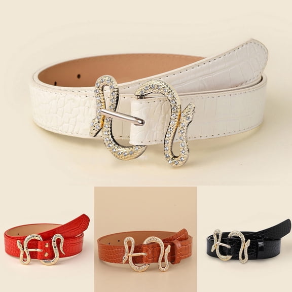 Women's Fashion Thin Leather Waist Belt with Snake Design Buckle Stylish