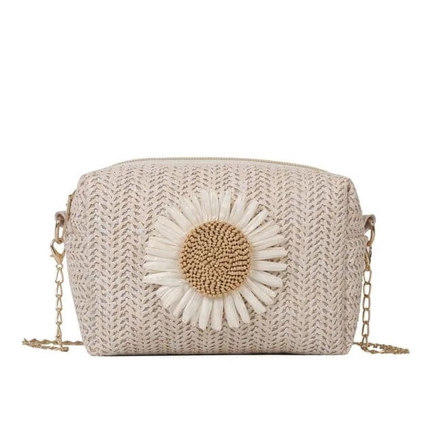 LHSHID Women Small Daisy Bag Straw Handbags Handwoven Floral Lace Tote Bags Summer Beach Ladies Shoulder Crossbody Bag Purse Female Bag