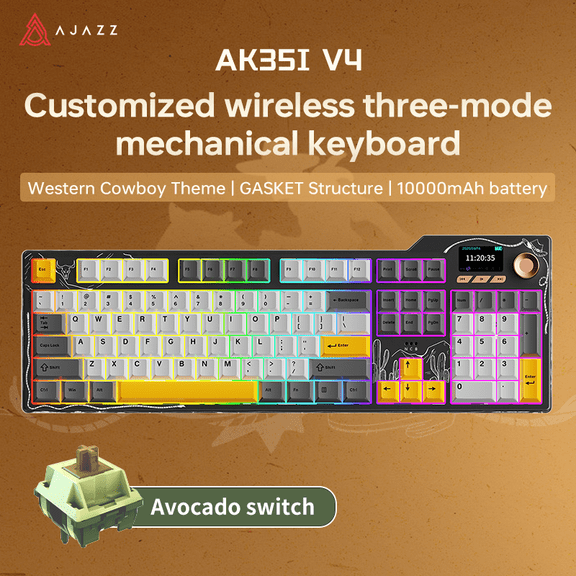 Ajazz AK35I V4 Full Size Wireless Mechanical Keyboard with 1.14" Color Screen & Knob, Tri-Mode Gasket Hot Swappable Gaming Keyboard, 10000mAh Battery, RGB, Purple