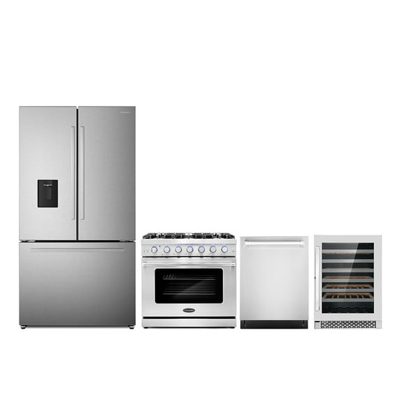 4 Piece Kitchen Package with 36" Freestanding Gas Range 24" Built-in Fully Integrated Dishwasher French Door Refrigerator & 48 Bottle Freestanding Wine Refrigerator