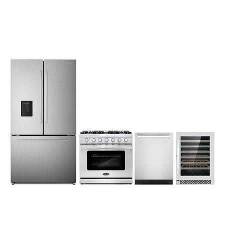 4 Piece Kitchen Package with 36  Freestanding Gas Range 24  Built-in Fully Integrated Dishwasher French Door Refrigerator & 48 Bottle Freestanding Wine Refrigerator