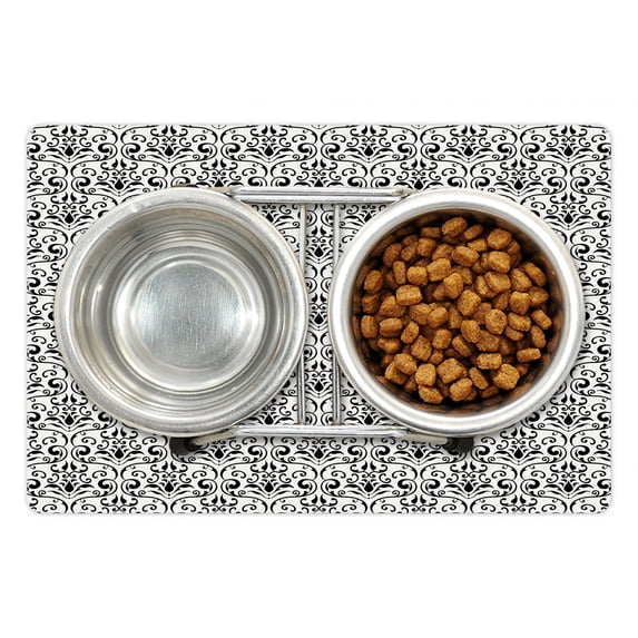 Acanthus Pet Mat for Food and Water, Baroque Inspired Monochromatic Design Continuous Pattern of Curly Motif, Non-Slip Rubber Mat for Dogs and Cats, 18" X 12", by Ambesonne