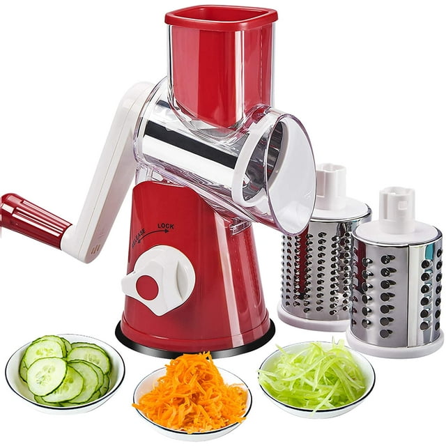 Râpe à Légumes Rotative Manuelle Multifonction avec 3 Lames en Acier Inoxydable, pour Fruits, Légumes et Fromage (Rouge)