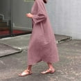 thumbnail image 2 of Women's Cotton Linen Dress Solid Loose Crinkled Long Sleeve Maxi Dress Crewneck Casual Loose Linen Dress Ankle-Length Dress, 2 of 7