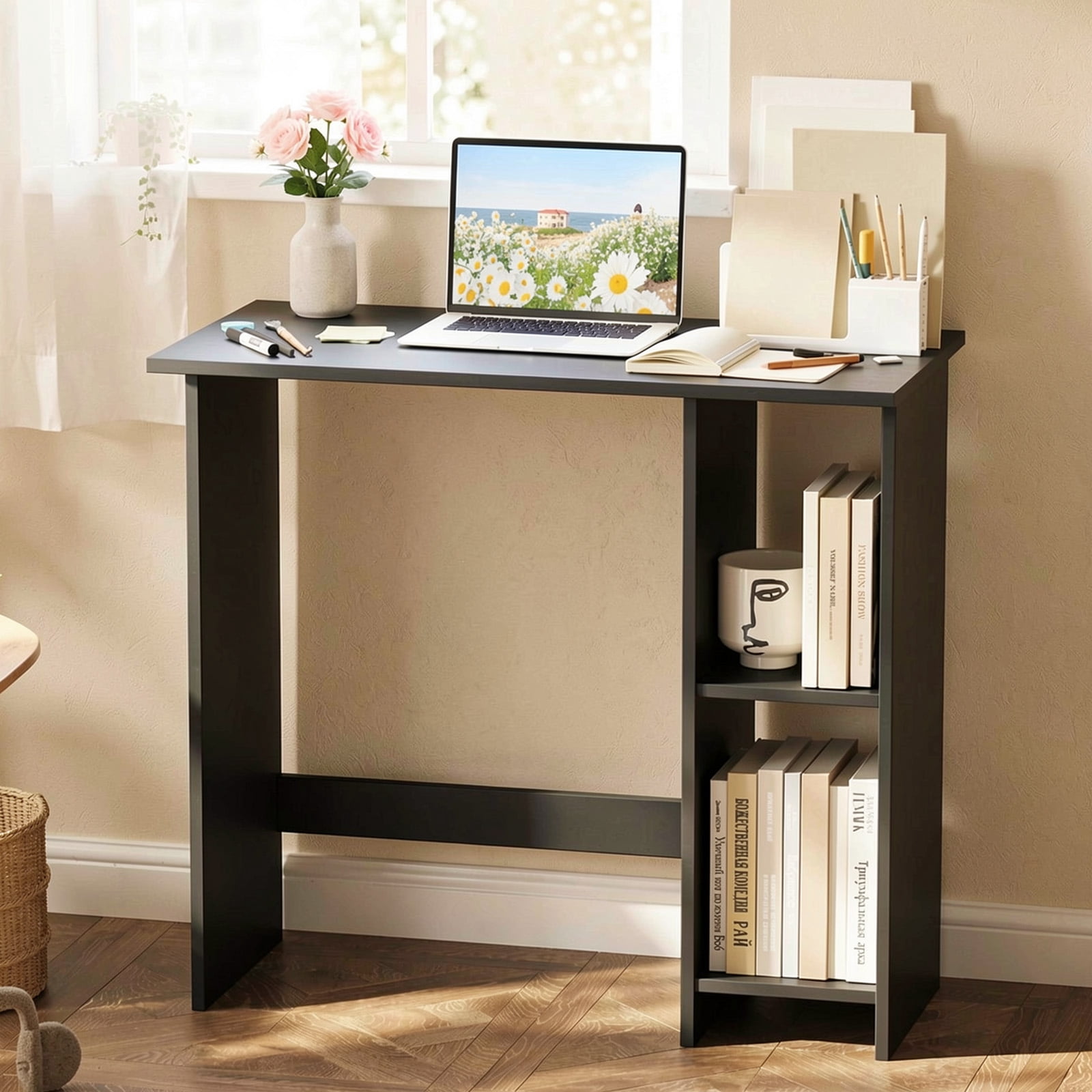 Furnibear Small Computer Writing Desk with 3-Position Adjustable Storage Shelf, Anti-Toppling Device and Reinforced Crossbar Black