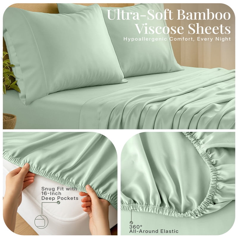 Lux Decor 100% Organic Viscose from Bamboo Sheets Set Full - 4 Piece Ultra-Soft Luxury Cooling Bed Sheets, 16" Deep Pocket, Breathable & Hypoallergenic - Sage