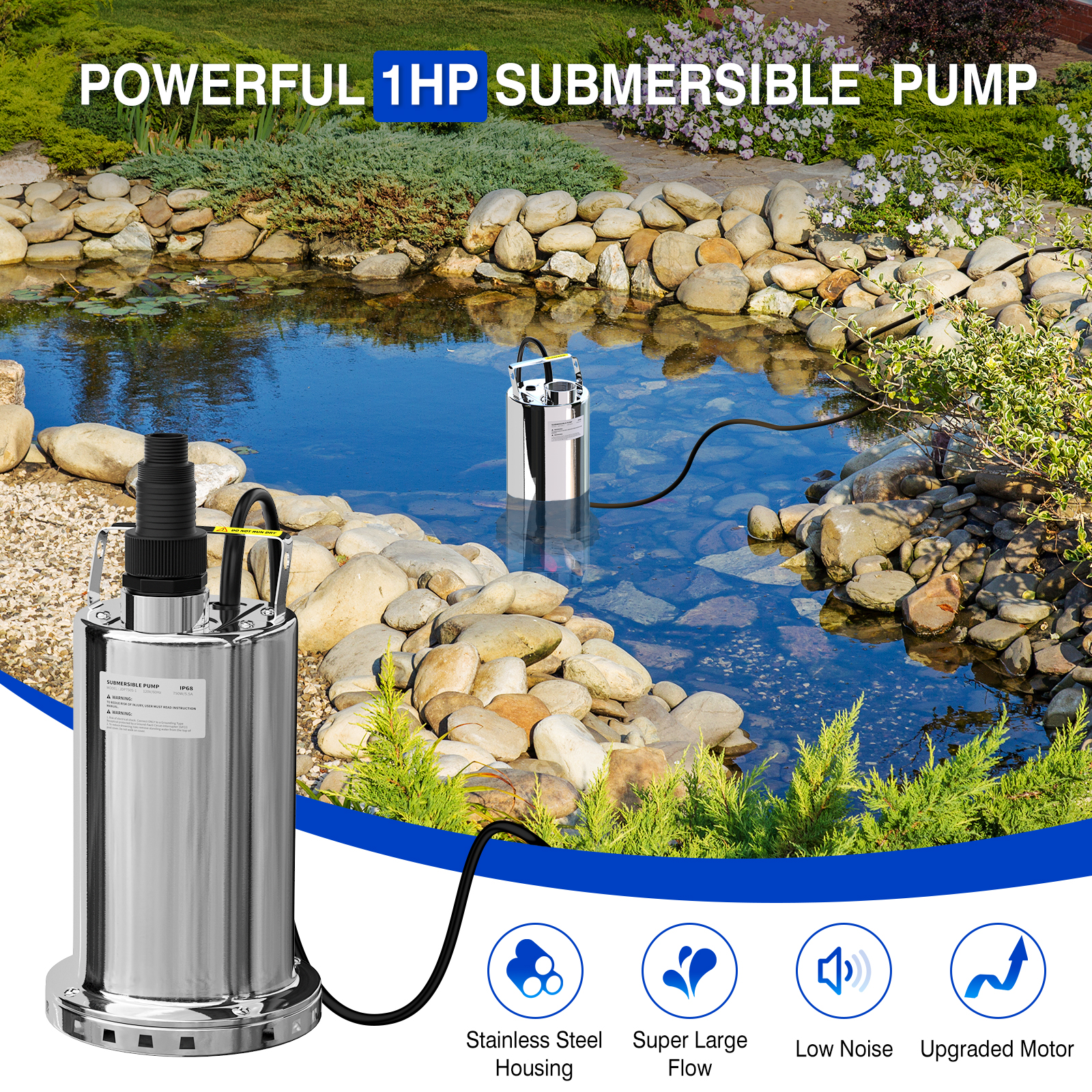 SEYVUM 3900GPH 1HP Submersible Water Pump, Stainless Steel Sump Pump with 16.5FT Cord, Utility Pump Portable Transfer for Pool Draining Garden Spa Hot Tub Pond Flood Basement Yard