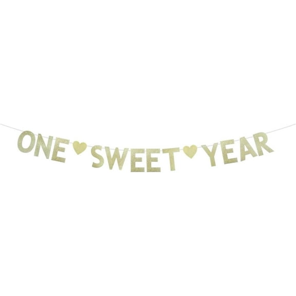 One Sweet Year Gold Glitter Banner, First Birthday/Anniversary Party Bunting Sign, Baby Shower Party Supplies, Baby Boys Girls 1st Birthday Party Decorations