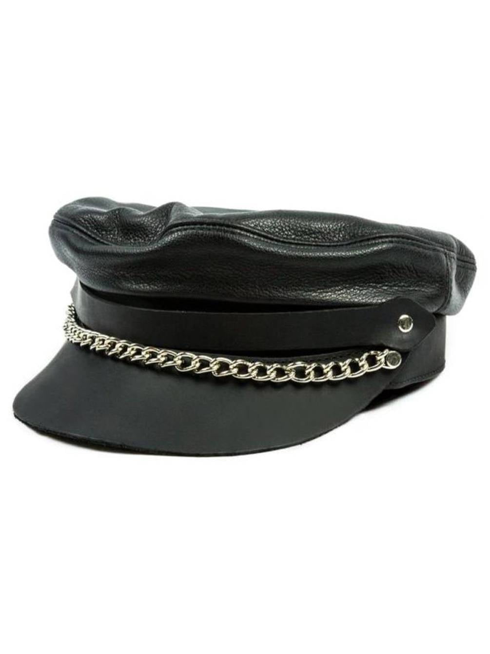 Biker Hat Black Satin Finish Cap With Silver Metal Chain Costume Acessory OS 