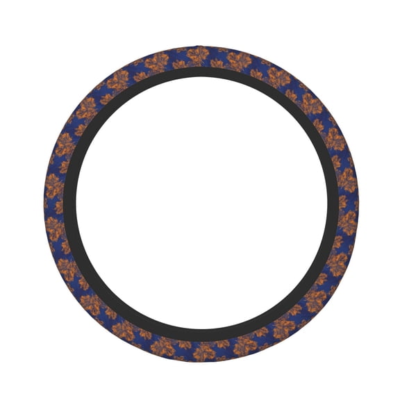 Rateoe Golden Maple on Navy Blue Pattern Elastic Stretch Steering Wheel Cover, Universal 15 inch, Microfiber Breathable , Anti-Slip, Odorless, Easy Carry