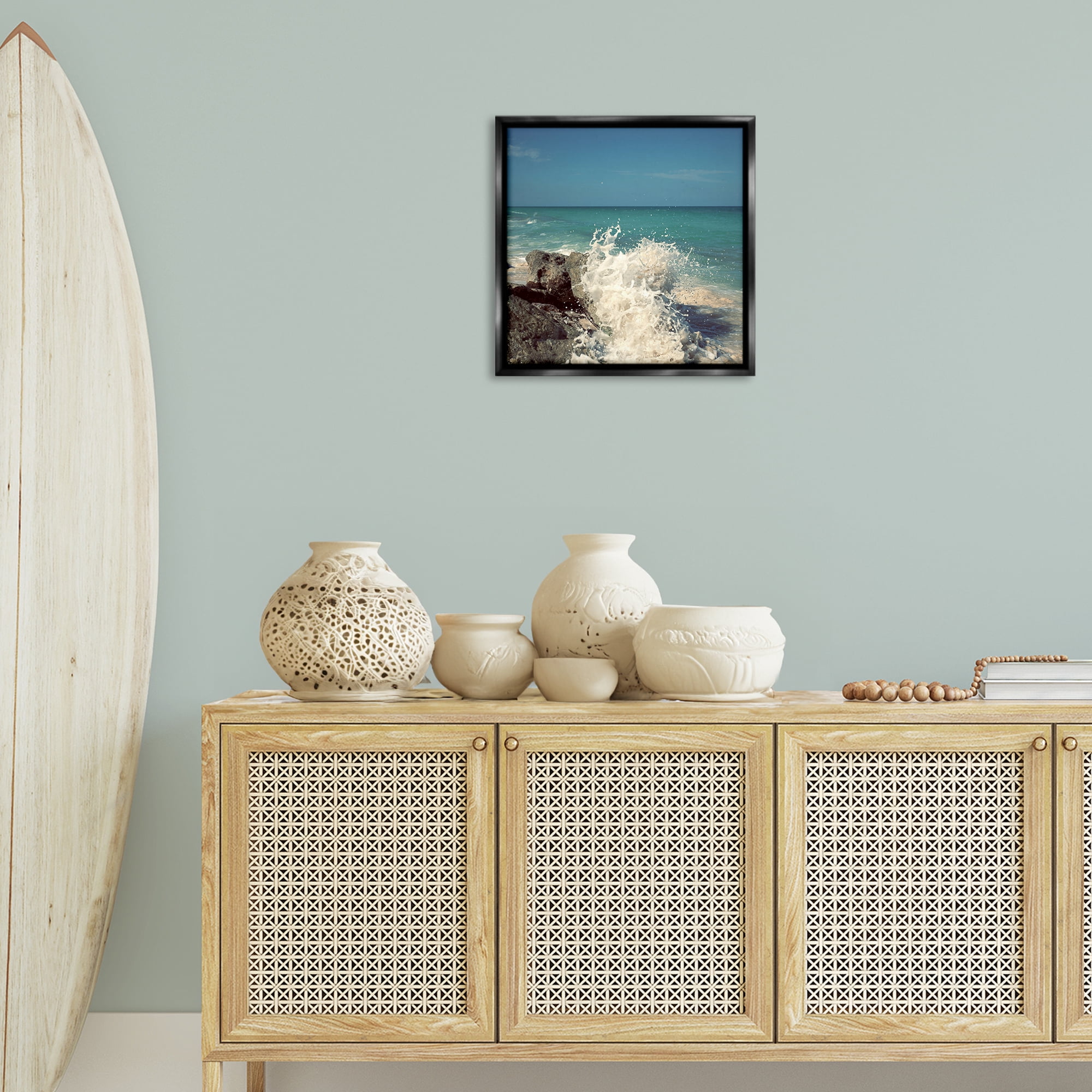 Stupell Industries Splashing Beach Spray Coastal Photography Black Floater Framed Canvas Art Print Wall Art, 18 x 18