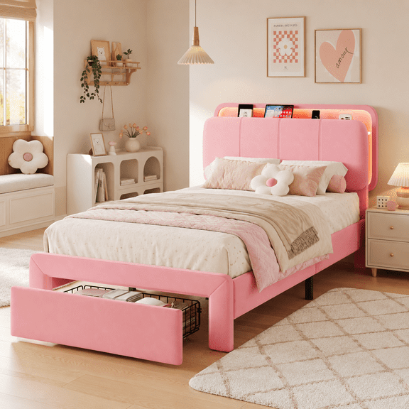 Twin Size Bed Frame with Storage Headboard, LED Lights & Charging Station, Upholstered Platform Bed with Large Under-Bed Drawer, Noise-Free, Easy Assembly, Pink
