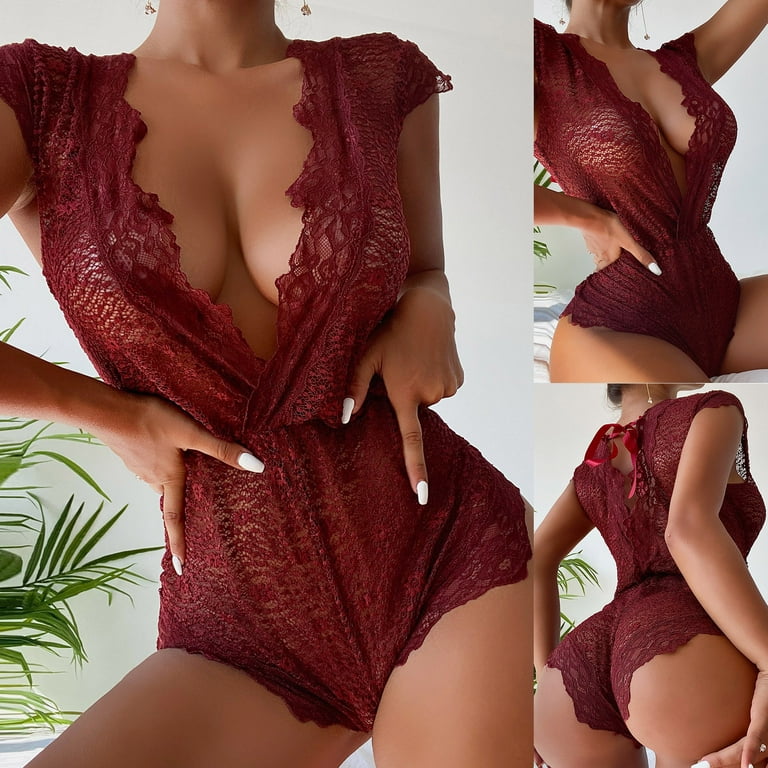 OAVQHLG3B Women Sexy Lingerie Sleepwear Underwear Intimates Floral Lace  One-Piece Underwear Maroon 