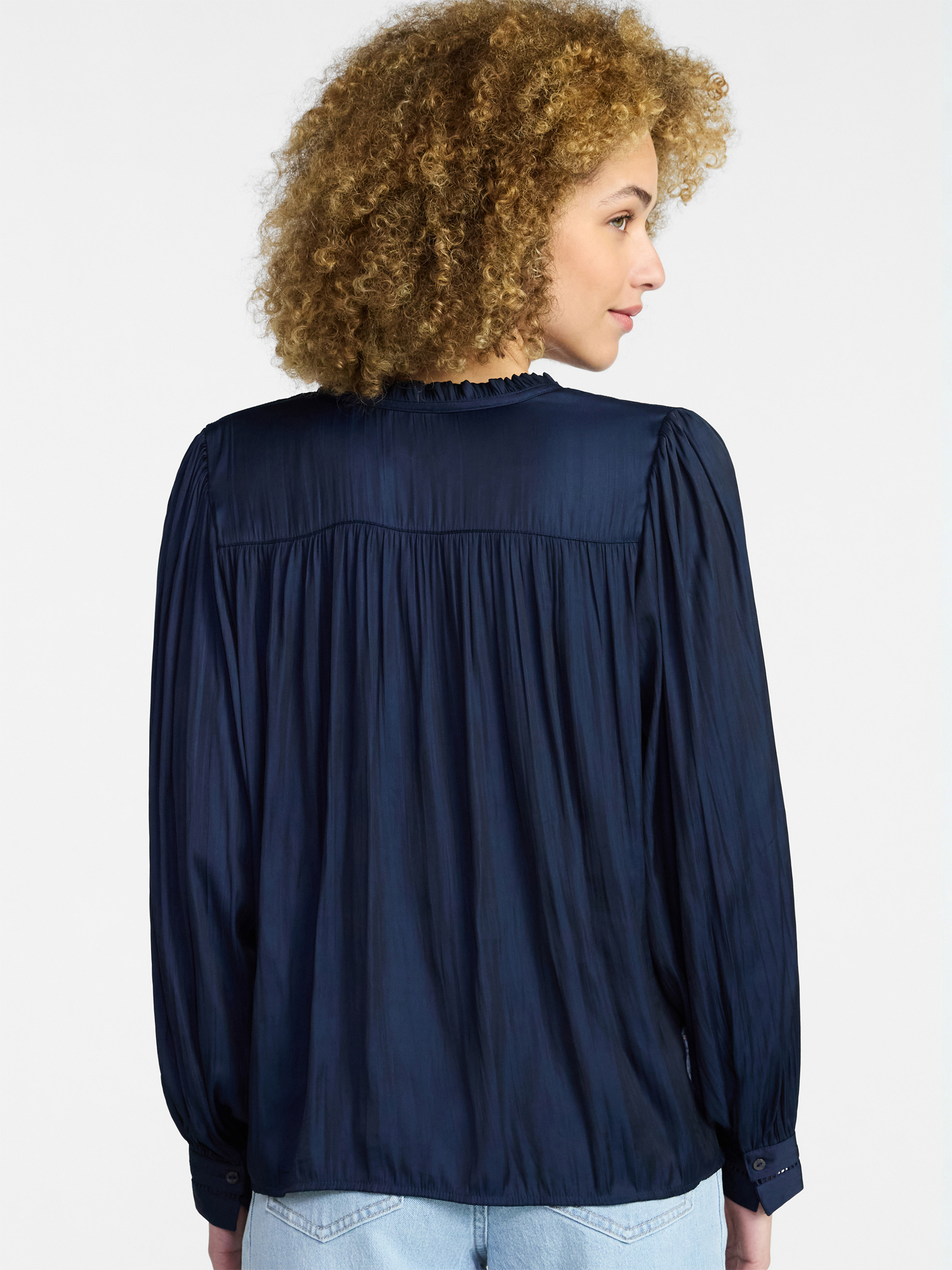 Time and Tru Women's Soft Ruched Yoke Blouse with Long Sleeves, Sizes XS-XXXL