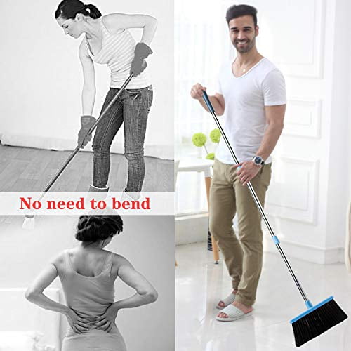Broom and Dustpan Set Outdoor or Indoor Broom with Dust Pan 3 Foot Mop Angle Heavy Push Broom for Kids Garden Pet Dog Hair Wood Floors Sweeping Kitchen House Blue 