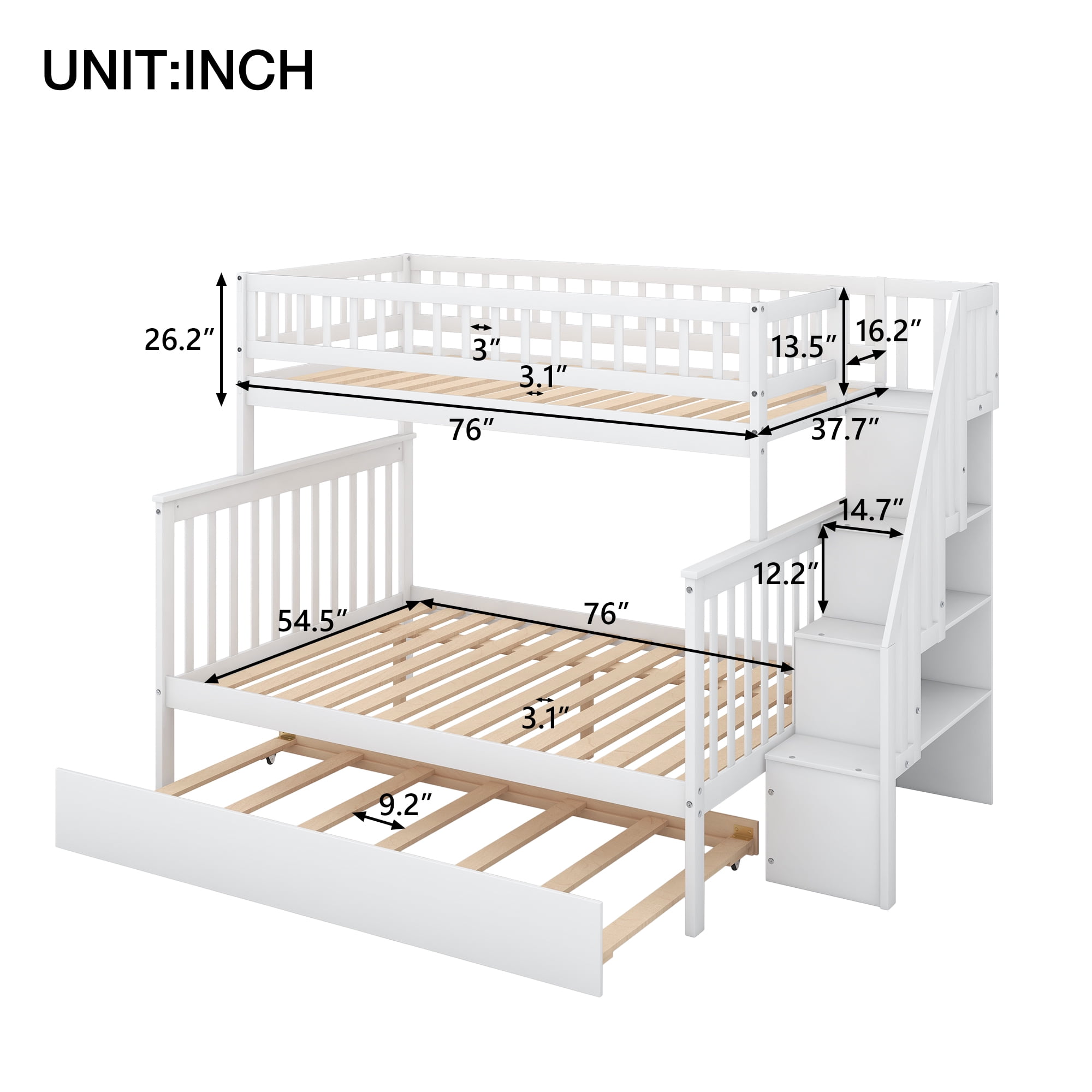 EUROCO Twin over Full Bunk Bed with Twin Trundle Bed and Storage Shelves for Kids, Three Beds with Storage for Kids Teens Adults, White