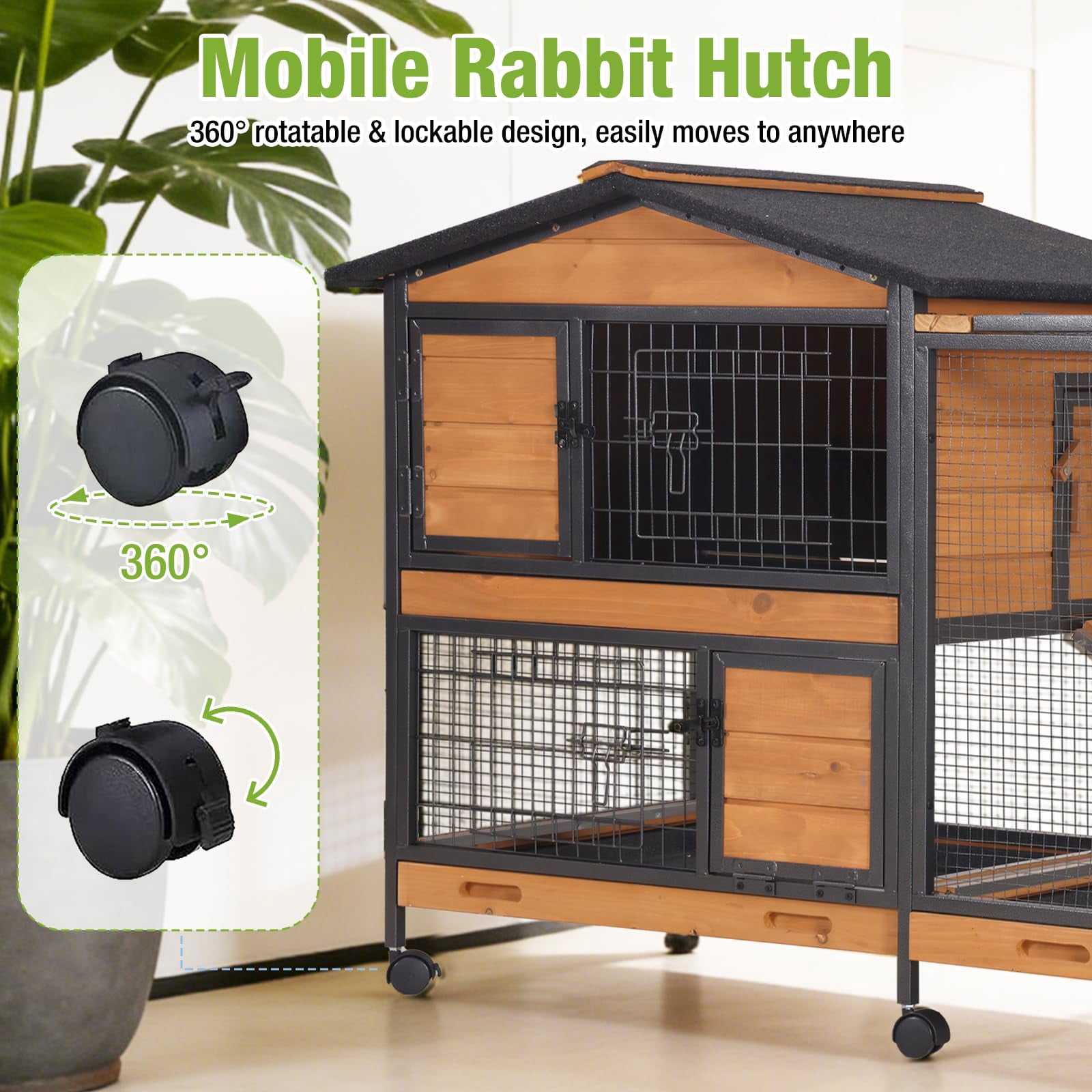 Aivituvin 62" Rabbit Hutch with Wheels for Outdoor & Indoor, 2-Story Bunny Cage with Pull Out Tray, Chew-Proof Ramp, Waterproof Roof, Orange