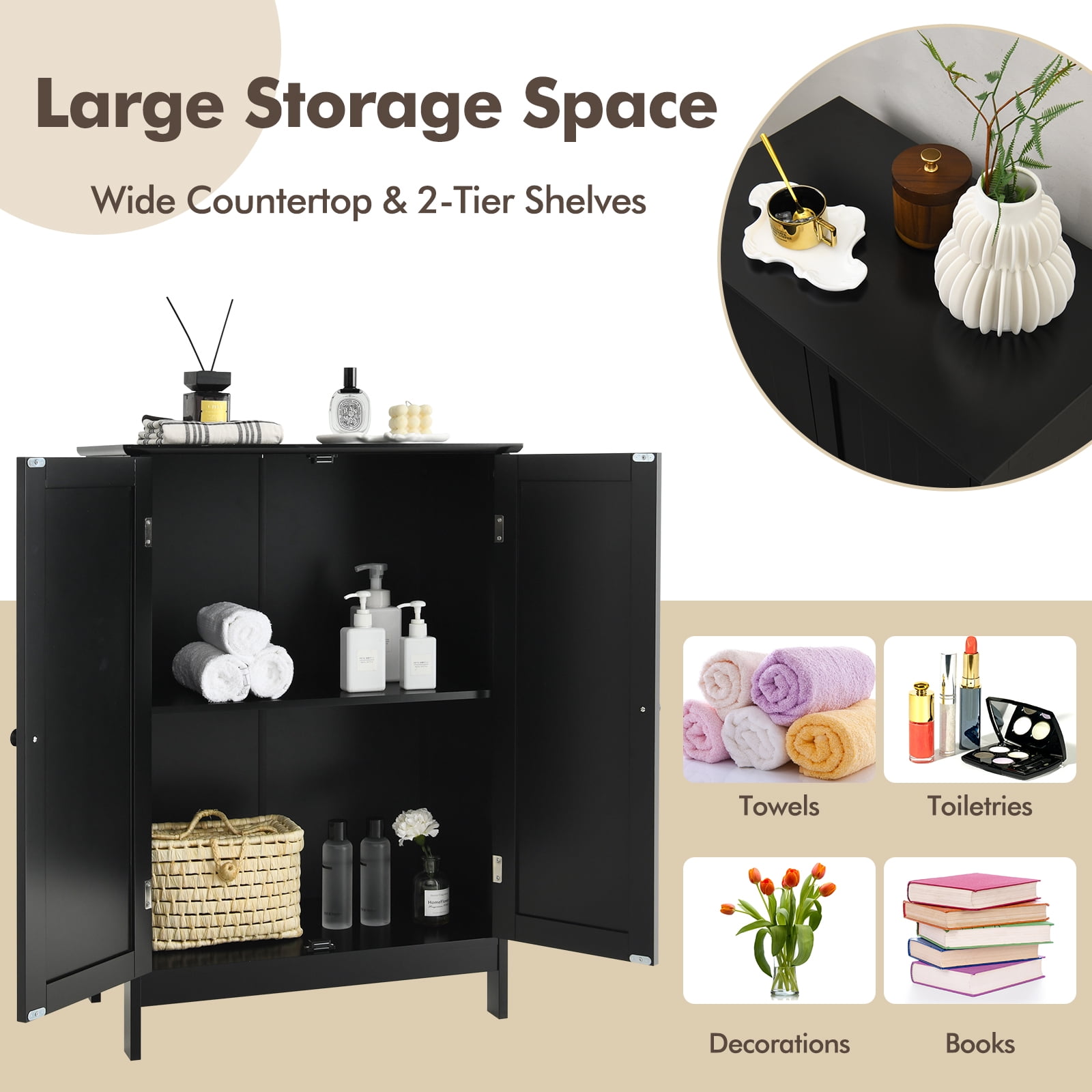 Topbuy Bathroom Storage Cabinet Freestanding Display Storage Organizer Cabinet w/ Double Doors Modern 3-Tier Floor Cabinet