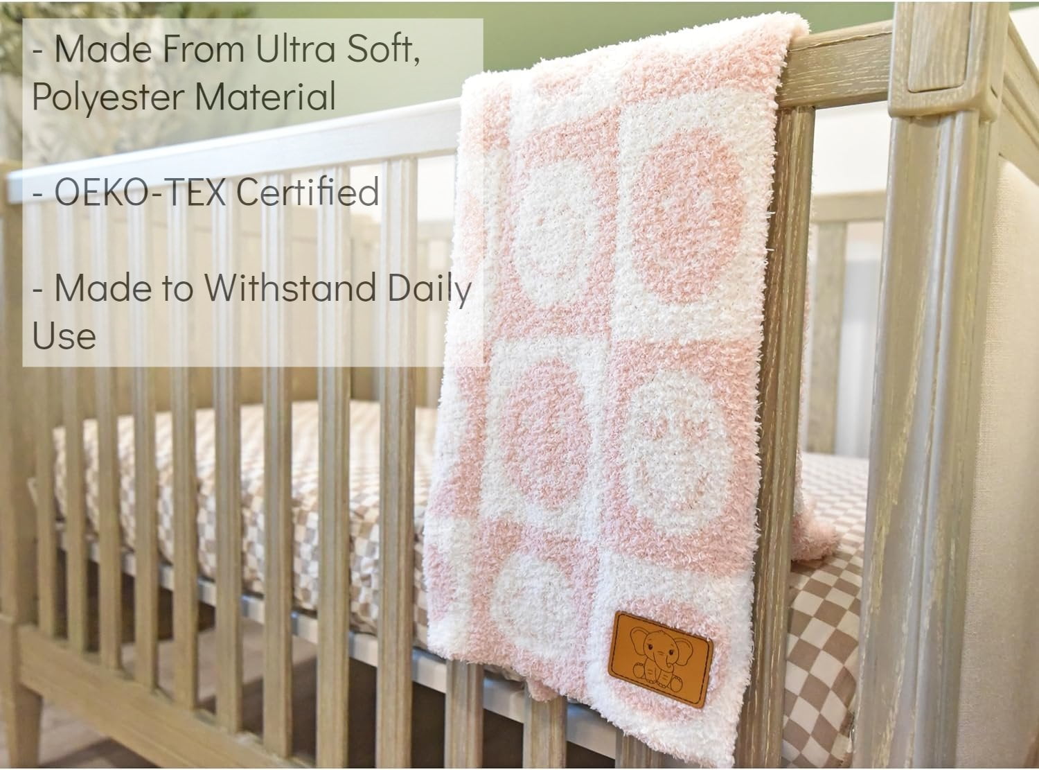 Checkered Smiley Face Baby Blanket 28"x40" with Leather Patch - Soft Knitted Throw - Receiving Blanket/Newborn Gift Pink/White