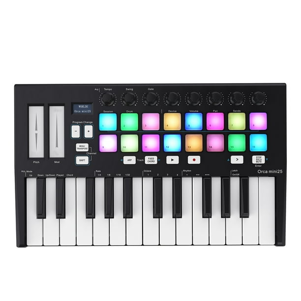Controlador MIDI WORLDE Orca mini25 Controlador de teclado MIDI USB portátil de 25 teclas con 16 almohadillas de disparo retroiluminadas RGB 8 perillas de control asignables WORLDE Controlador MIDI