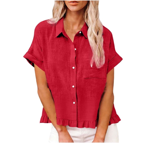 Stamzod Women's Clothing Summer Ruffle Button Up Shirt Women Short Sleeve Casual Shirts for Women Beach Vacation Outfits Red XL
