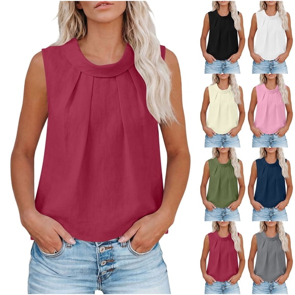 Goodtrade8 Womens Shirts Sleeveless Summer Plus Size Tank Tops for Women Leisure Dressy Casual Plain Crew Neck Ladies Top