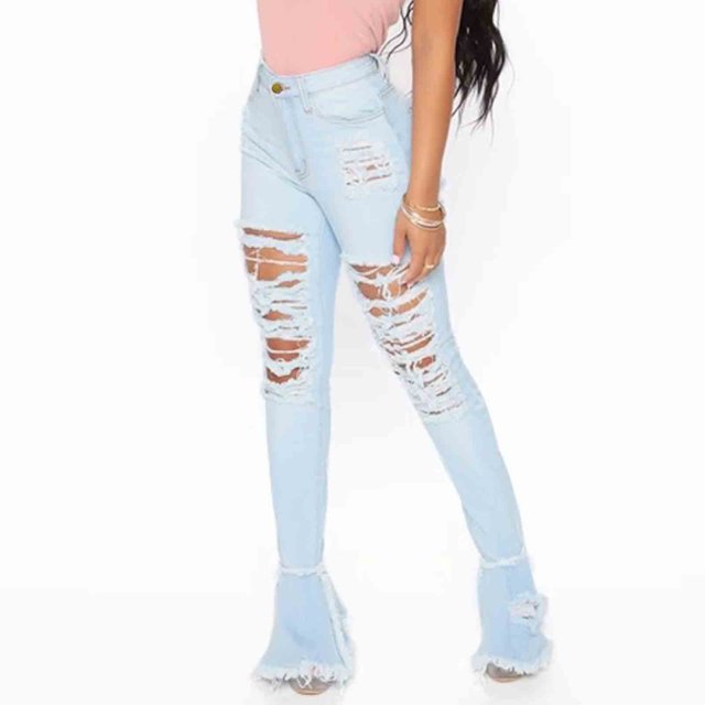 Puntoco Moda Mujer Botón sólido Cintura alta Bolsillo Jeans Pantalones Agujero Pantalones de mezclilla Puntoco Puntoco-1320