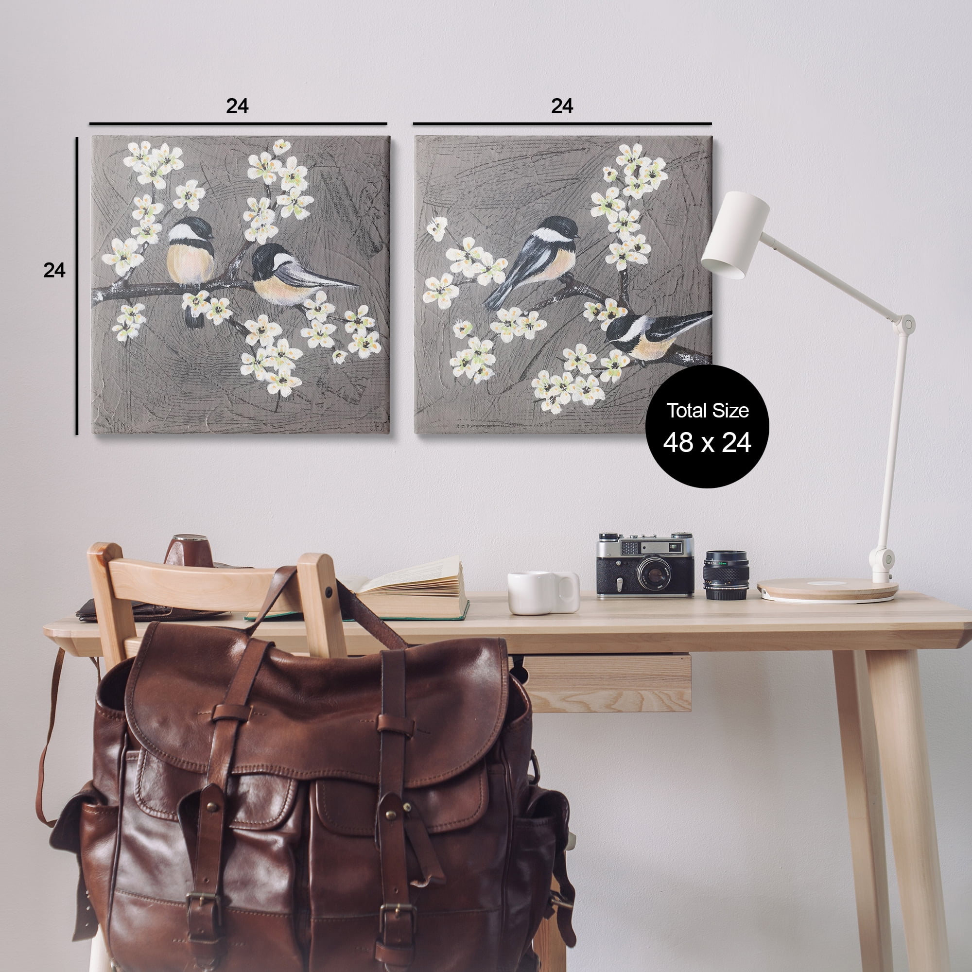 Stupell Industries Chickadee Birds Flowering Branch Animals Painting Wrapped Canvas Art Print Wall Art, 24 x 24, Set of 2
