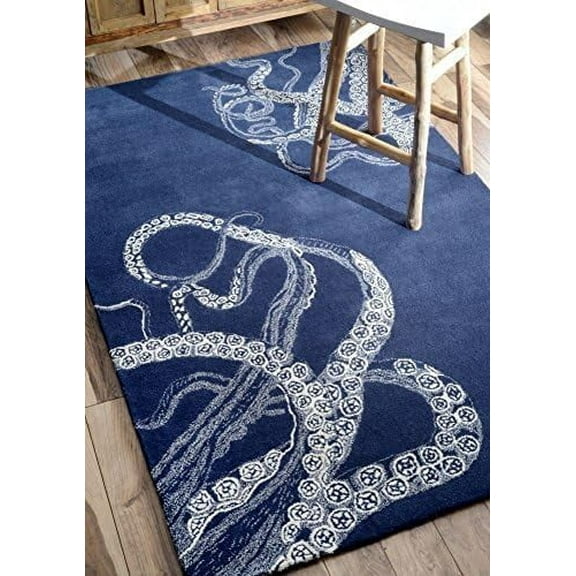 Octopus blue 3'x5′ Area Rug Handcrafted Motif Floral Design Oriental Traditional Design Non-Shedding Fine Wool Pile & Easy-Care Areas in Living Room Bedroom