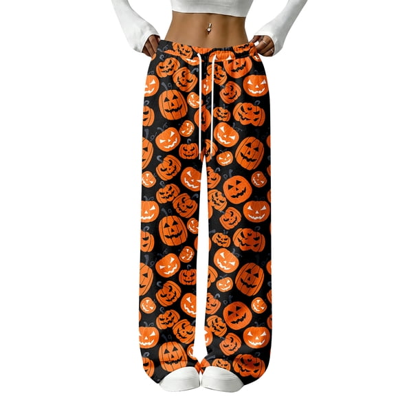 Halloween Pajamas Women Funny Pumpkin Print Flannel Elastic Waist Pajama Fuzzy Warm Drawstring Sleepwear