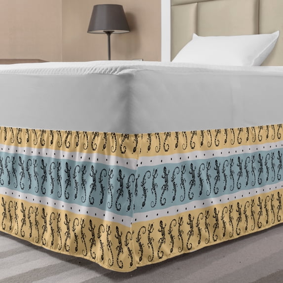 Gecko Bed Skirt, Silhouettes of Lizards with Swirls and Dots on Horizontal Stripes, Elastic Bedskirt Dust Ruffle Wrap Around for Bedding Decor, 4 Sizes, Sand Brown Pale Blue, by Ambesonne