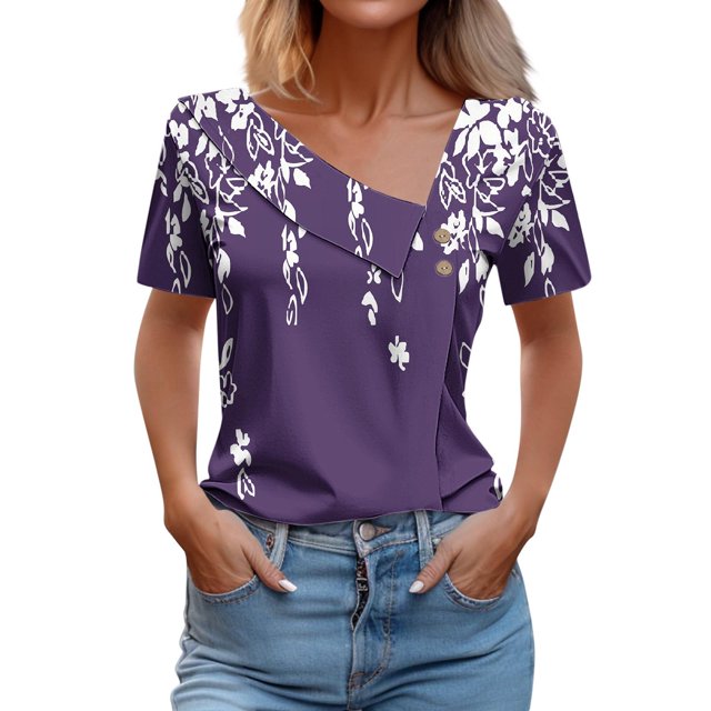 Blouses pour Femmes Imprimées Printemps/été Chemise à Manches Courtes Imprimée Bouton T-shirt Décontracté
