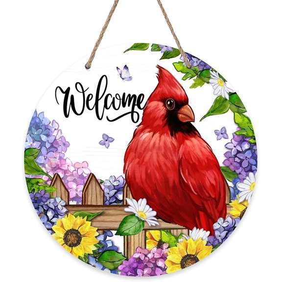 Welcome Spring Summer Cardinal Front Door Sign, Red Bird Hydrangea Sunflower Wood Door Hanger Outdoor Outside Porch Decor, Daisy Flower Seasonal Wooden Wreath Indoor Wall Hanging Decoration
