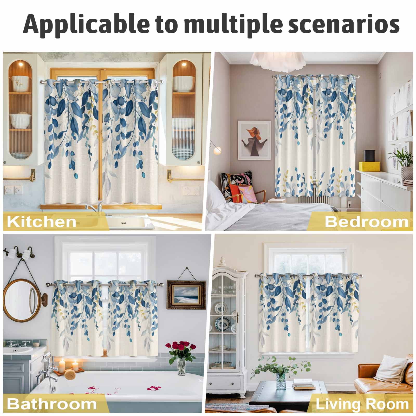 Curtains 63 Inch Length 2 Panels, Blue Eucalyptus Grommets Window Treatment Curtain, Farmhouse Weeping Leaves Linen Thermal Curtains Drapes for Living Room/Bathroom