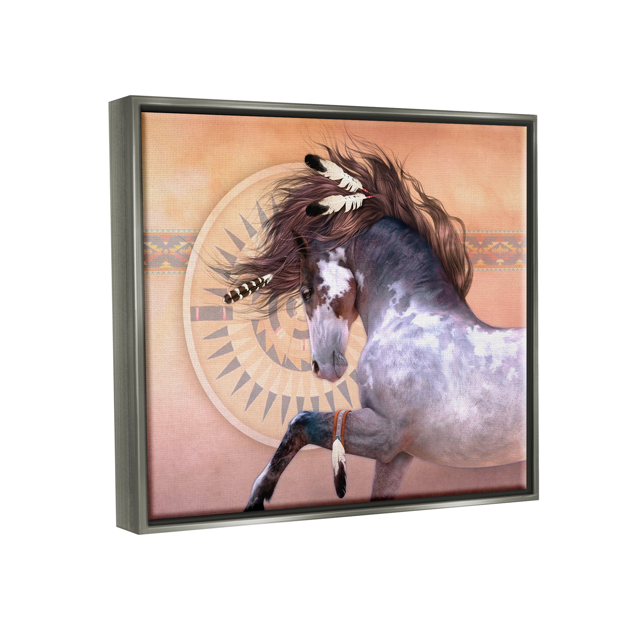Stupell Industries Native Spirit Stallion Animals & Insects Painting Gray Floater Framed Canvas Art Print Wall Art, 31 x 25