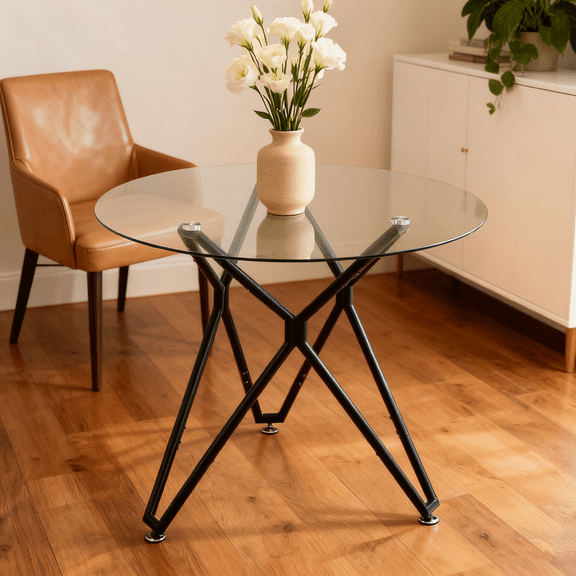 LUMAMIN 35.4 Inch Round Tempered Glass Dining Table, Dining Room Table with Sturdy Metal Legs, Space-Saving Small Kitchen Table for 1-4 People, Black
